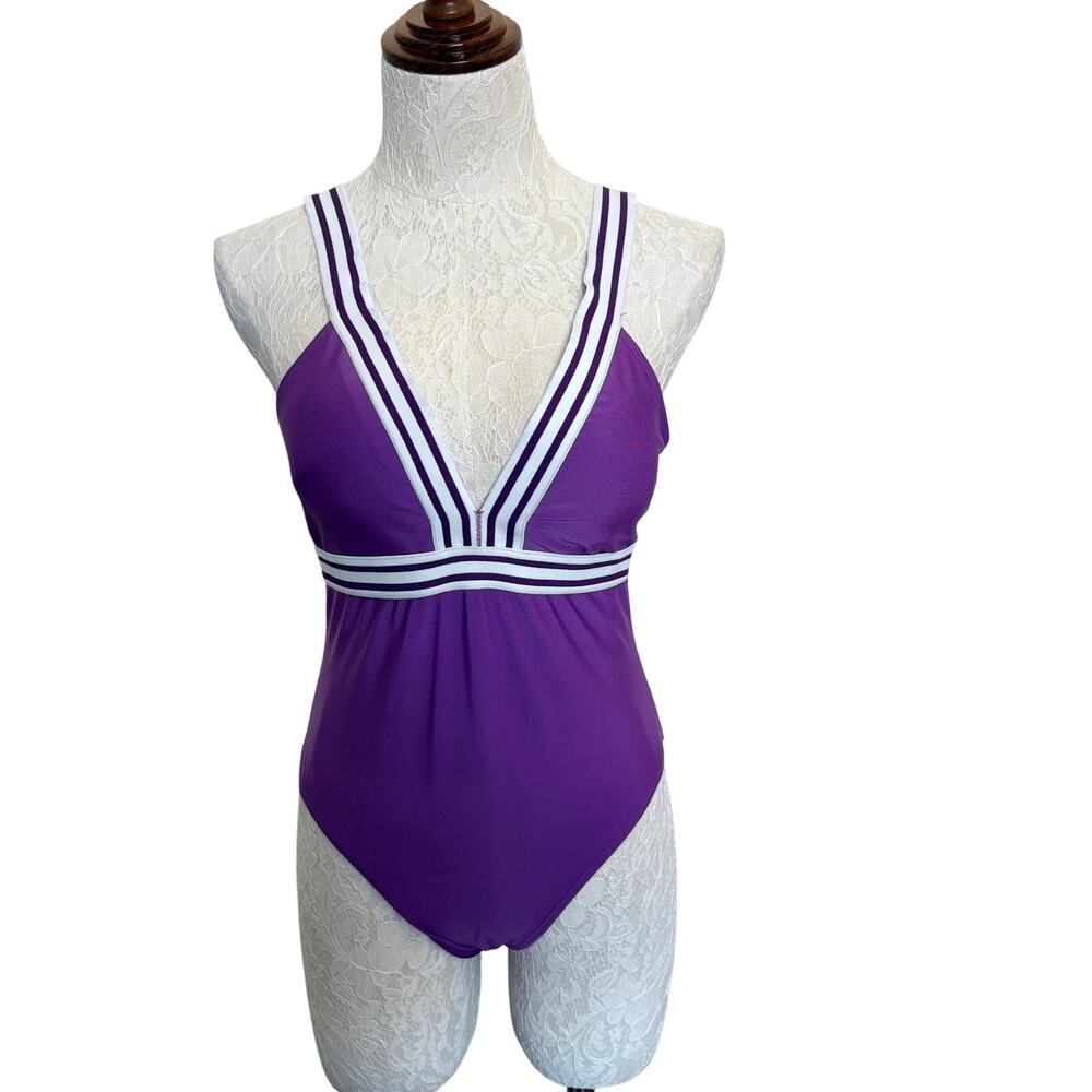 Weekend Purple White Stripe One Piece Swimsuit M